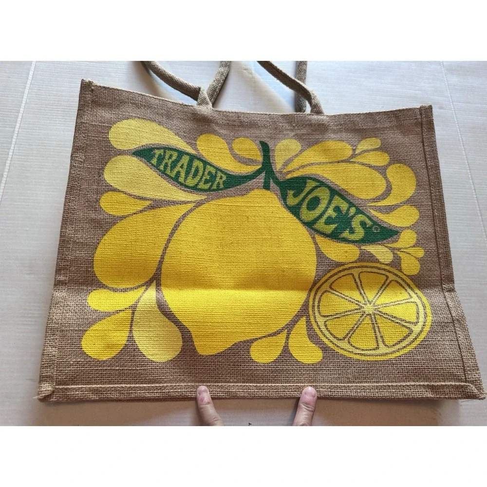 Trader Joe's Lemon Lime Tote Reusable Jute Burlap Beach Bag RARE